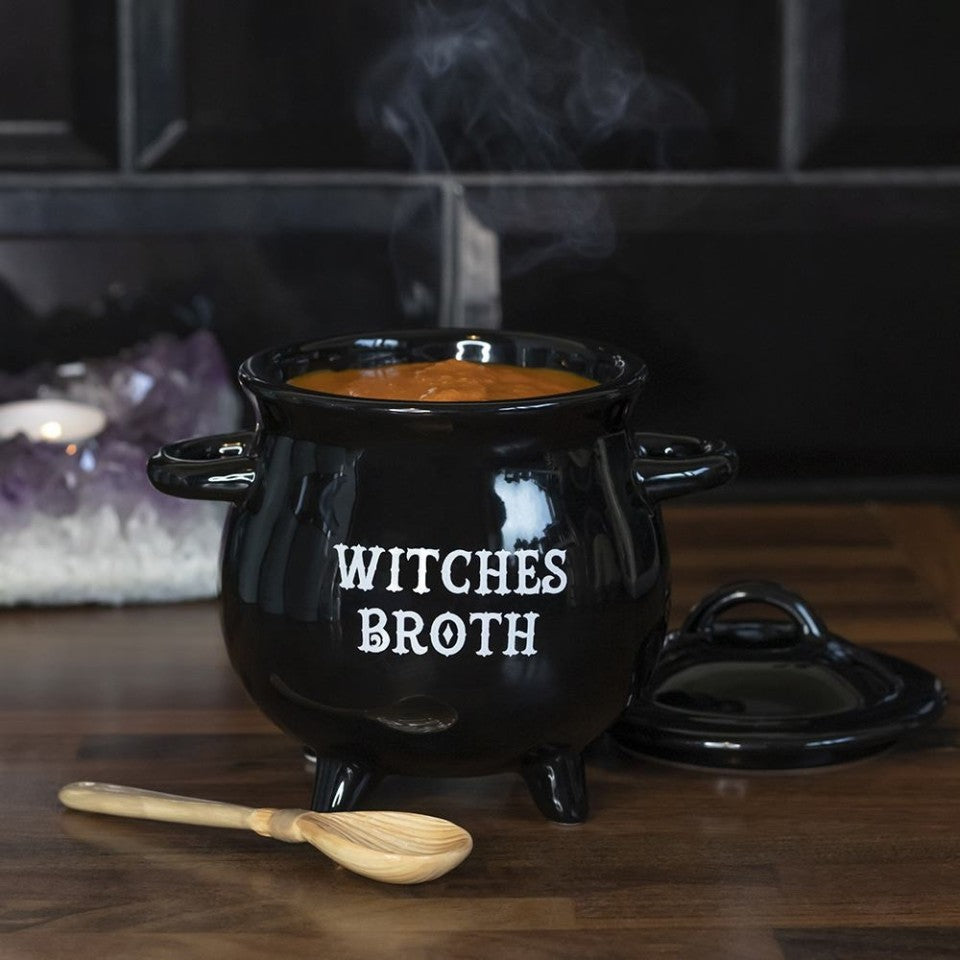 Witches Broth Cauldron Soup Bowl with Broom Spoon.