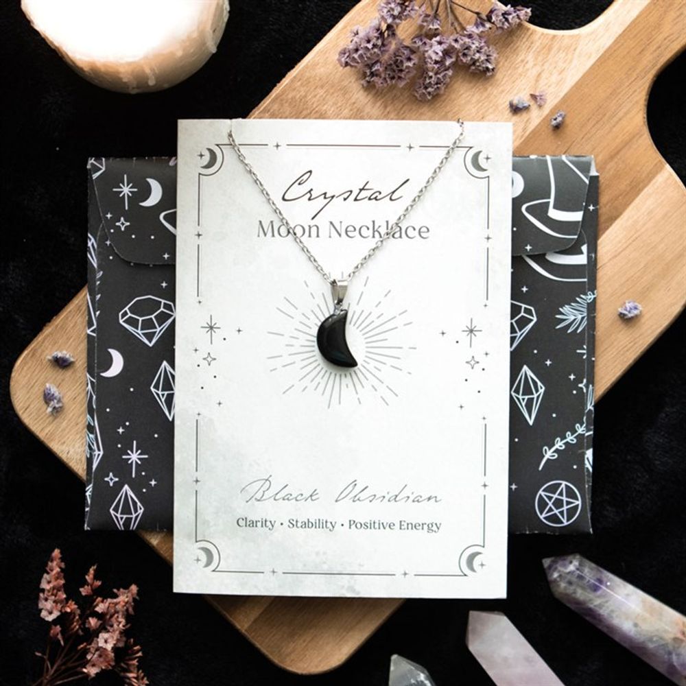 Black Obsidian Crystal Moon Necklace on Greeting Card.