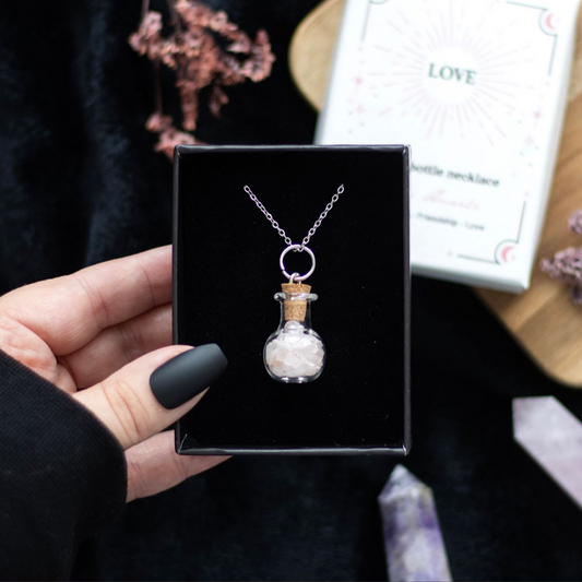 Love Rose Quartz Crystal Chip Potion Bottle Necklace.