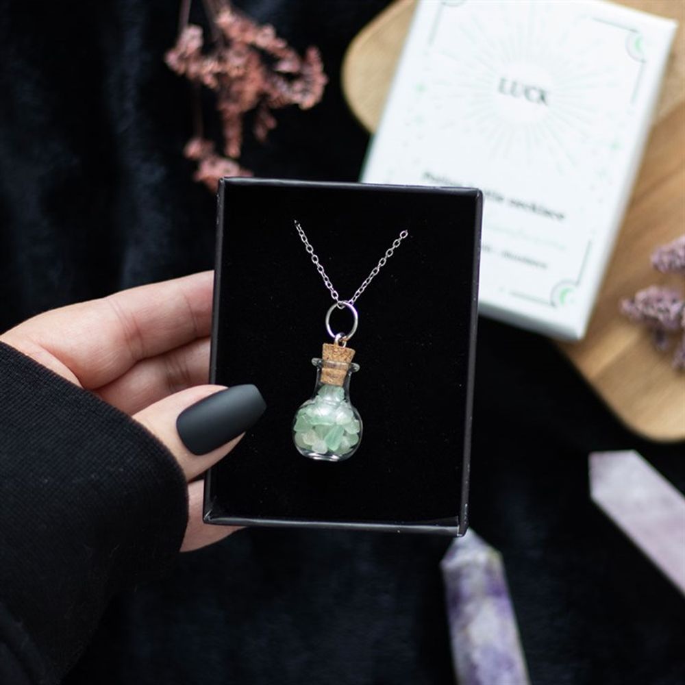 Luck Green Aventurine Crystal Chip Potion Bottle Necklace.