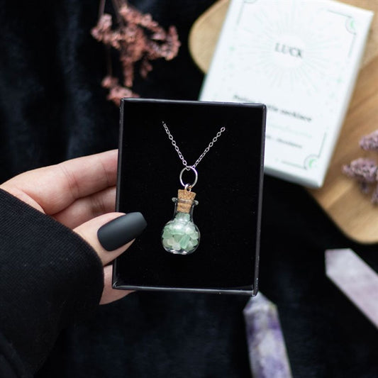 Luck Green Aventurine Crystal Chip Potion Bottle Necklace.