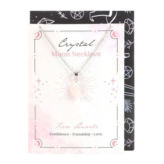 Rose Quartz Crystal Moon Necklace on Greeting Card.